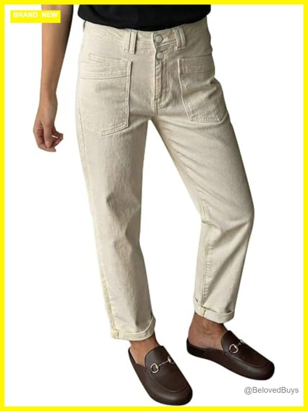 Straight Leg High Rise Cotton Spandex Pants with Patch Pockets
